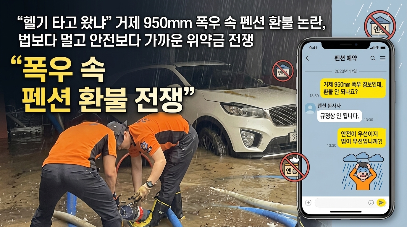 “헬기 타고 왔냐” 거제 950mm 폭우 속 펜션 환불 논란, 법보다 멀고 안전보다 가까운 위약금 전쟁